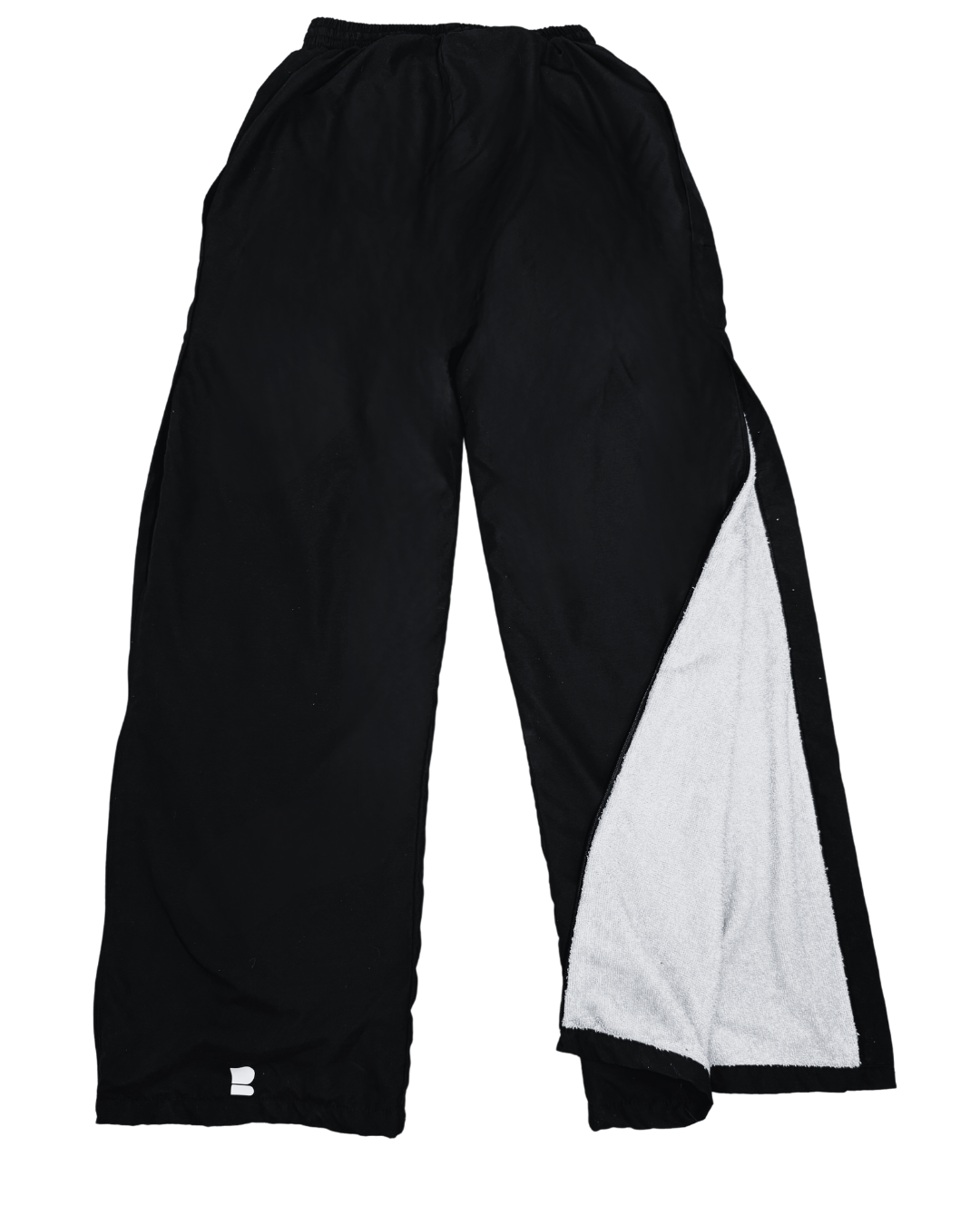 Flat lay of DRYRZ BambooLayer recovery thermal joggers open to show bamboo towelling lining and full-length side zip. Detailed fabric close-up of DRYRZ moisture-wicking bamboo-lined recovery joggers, emphasizing soft-touch comfort and post-workout heat retention.