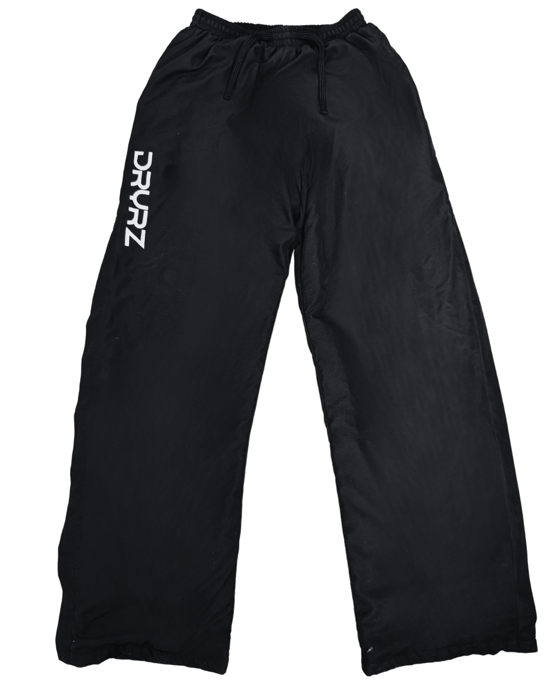 Flat lay of zipped DRYRZ BambooLayer thermal joggers for post-workout with elastic waistband and open cuff design. White logo detail on DRYRZ recovery sweatpants, enhancing performance-driven branding for active and rest-day wear.
