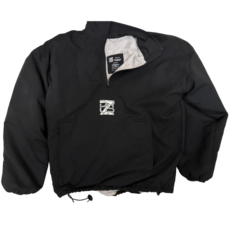 Black quarter zip jacket, bamboo towelling lined, with a logo on a white background