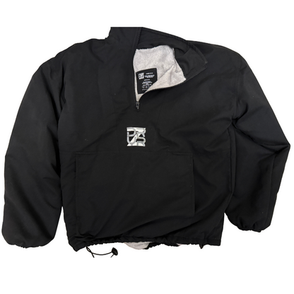 Black quarter zip jacket, bamboo towelling lined, with a logo on a white background