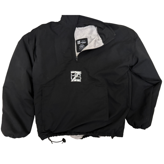 Black quarter zip jacket, bamboo towelling lined, with a logo on a white background